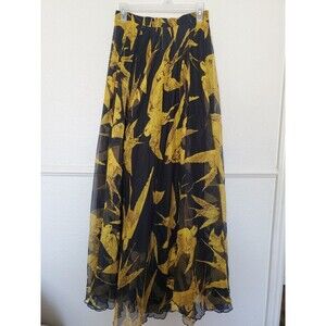 CHICKWISH Golden Swallows Birds All Over Print Long Flare Skirt 45 Inches Long
